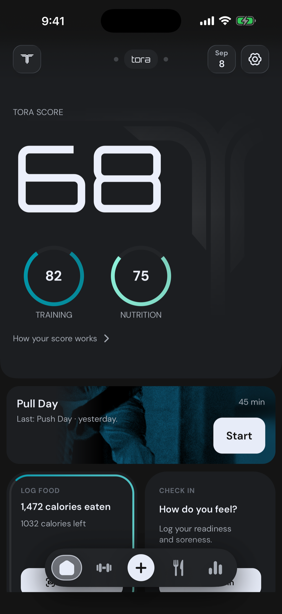 Tora home screen: Tora Score of 68 with training and nutrition rings, the next workout, and today's food log