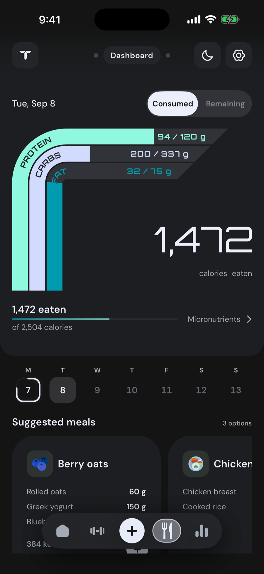 Tora nutrition dashboard: protein, carb and fat targets against calories eaten, with suggested meals